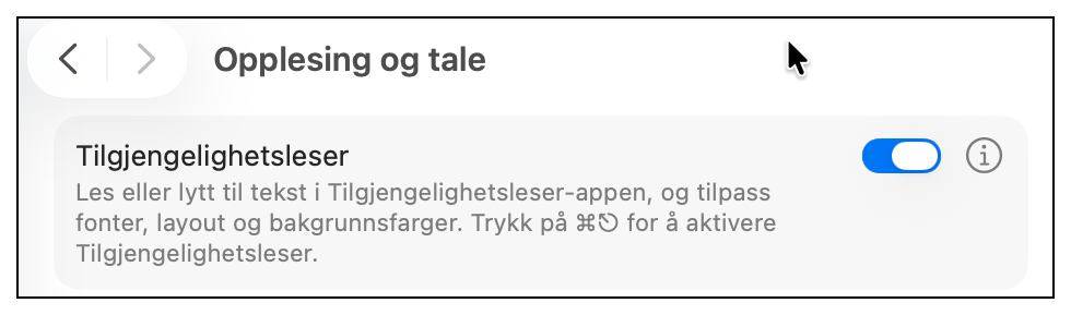 Slå på Tilgjengelighetsleser i Systeminnstillinger