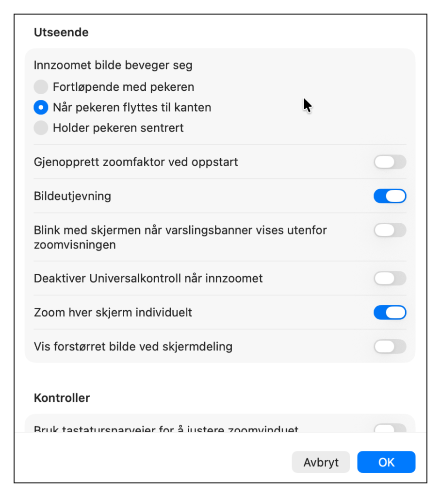 Tilpass Zoom i Systeminnstillingermulig.