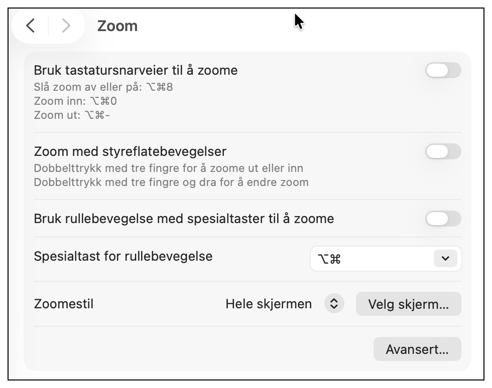 Aktiver Zoom fra Systeminnstillinger