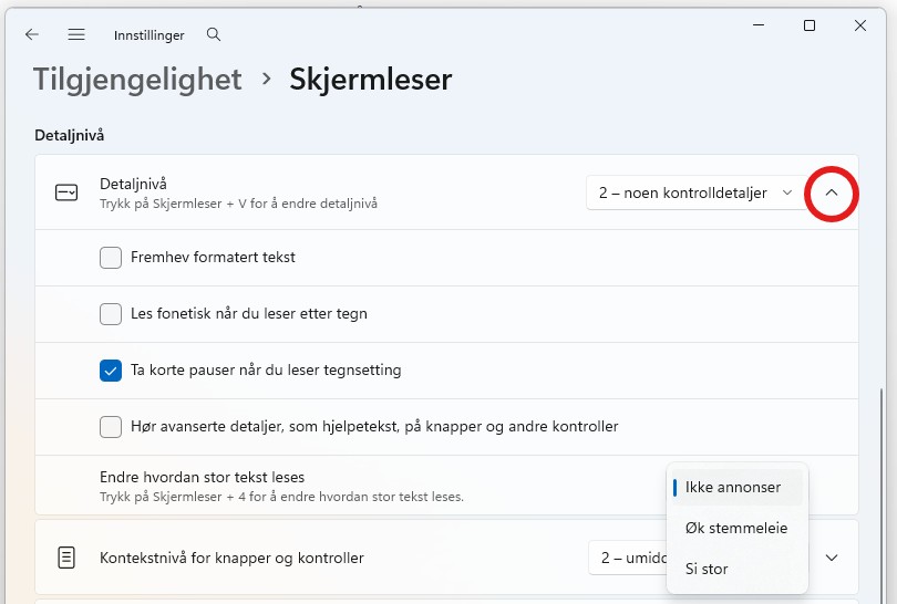 Meny for detaljnivå Skjermleser