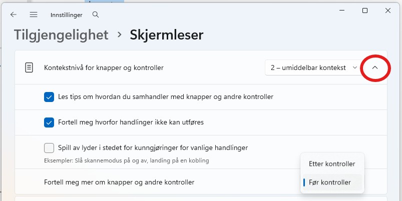Meny for Kontekstnivå Skjermleser