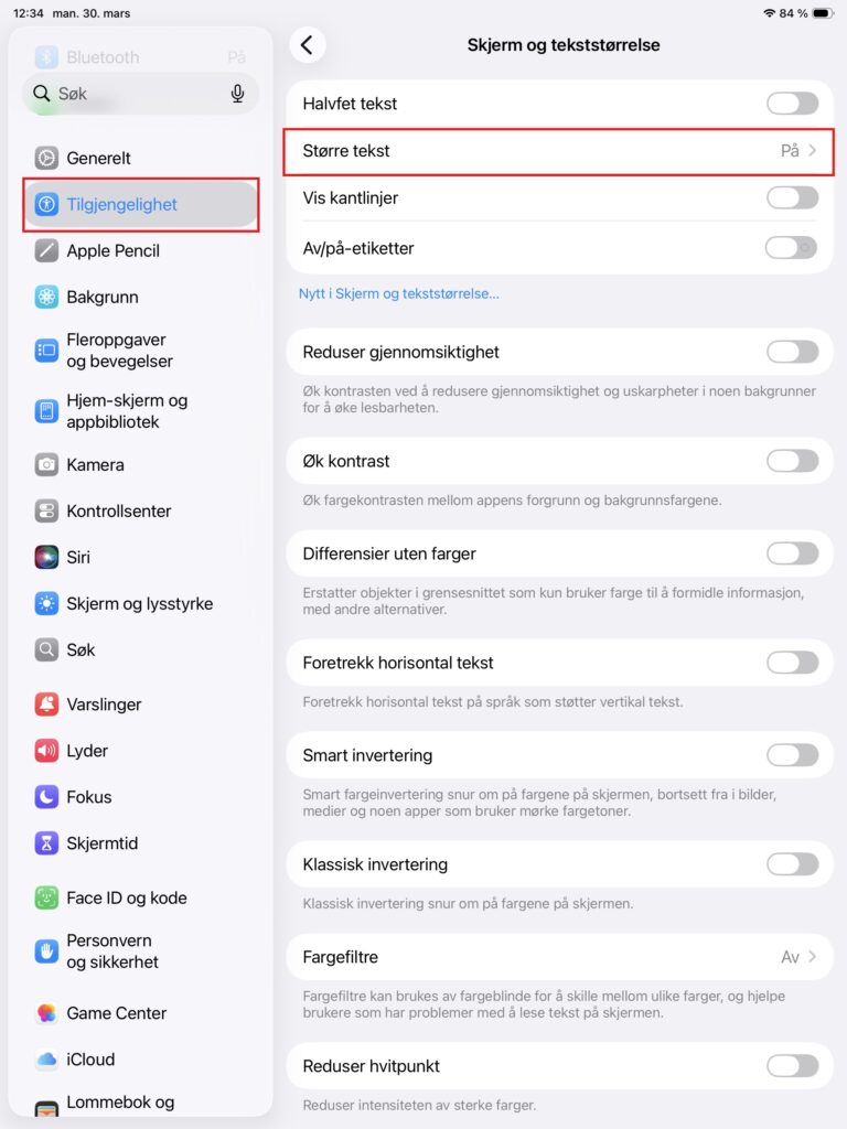 meny skjerm og tekststørrelse iPad