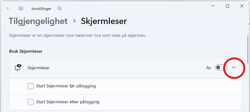 Meny for oppstart skjermleser