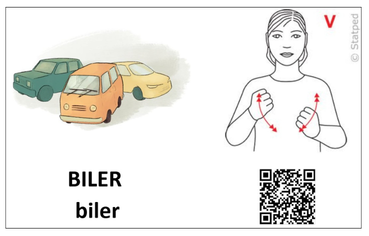 Tegning av tre biler, tekst bilder med små og store bokstaver, og tegn for biler på norsk tegnspråk