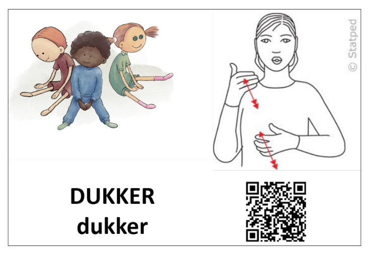 Tegning av tre dukker, tekst dukkermed små og store bokstaver, og tegn for dukker på norsk tegnspråk