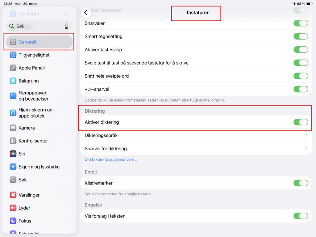 meny for aktivering av diktering iPad