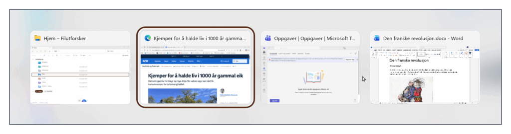 Alt+Tab som viser fire åpne apper