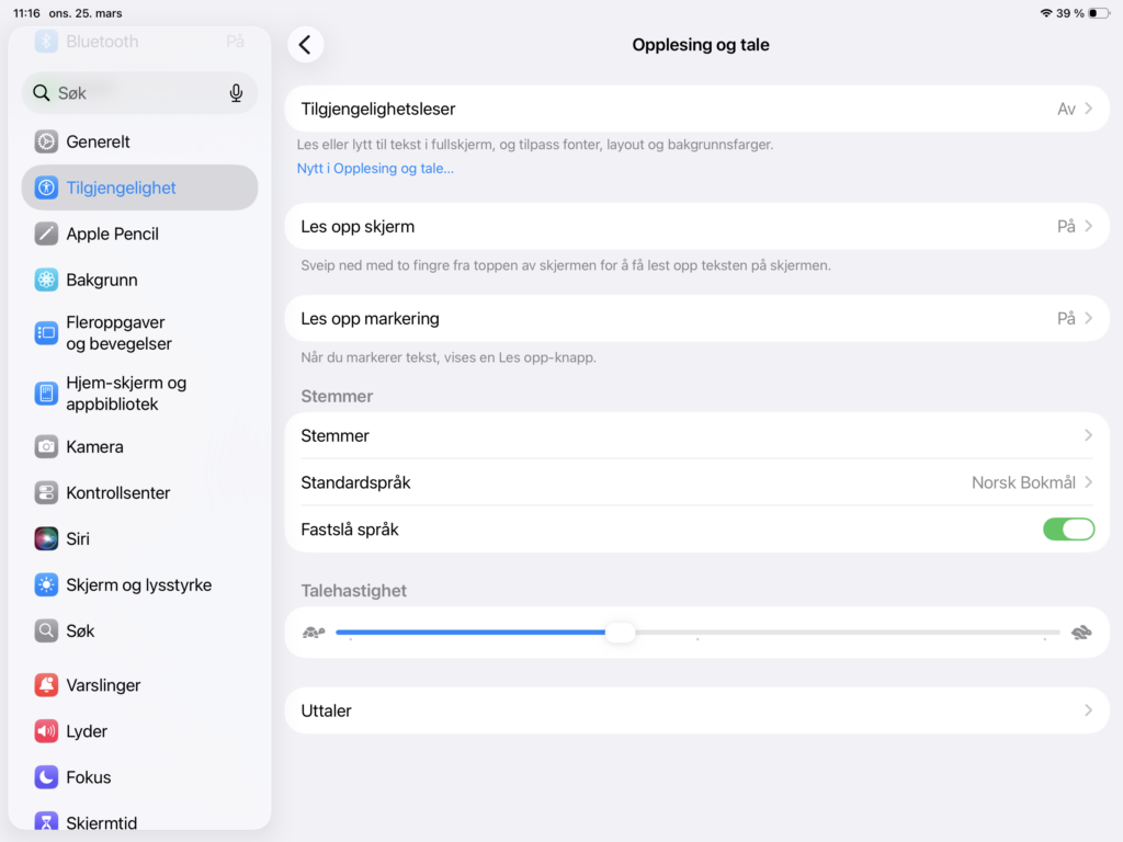 meny opplesning og tale ipad