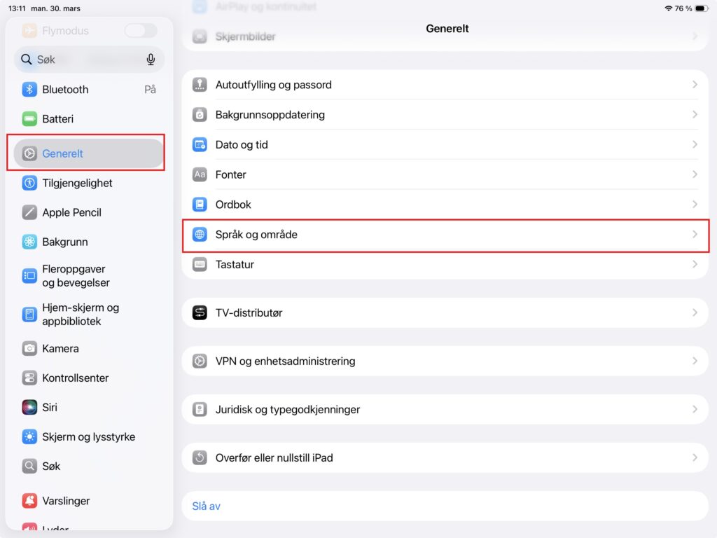 meny språk og område ipad