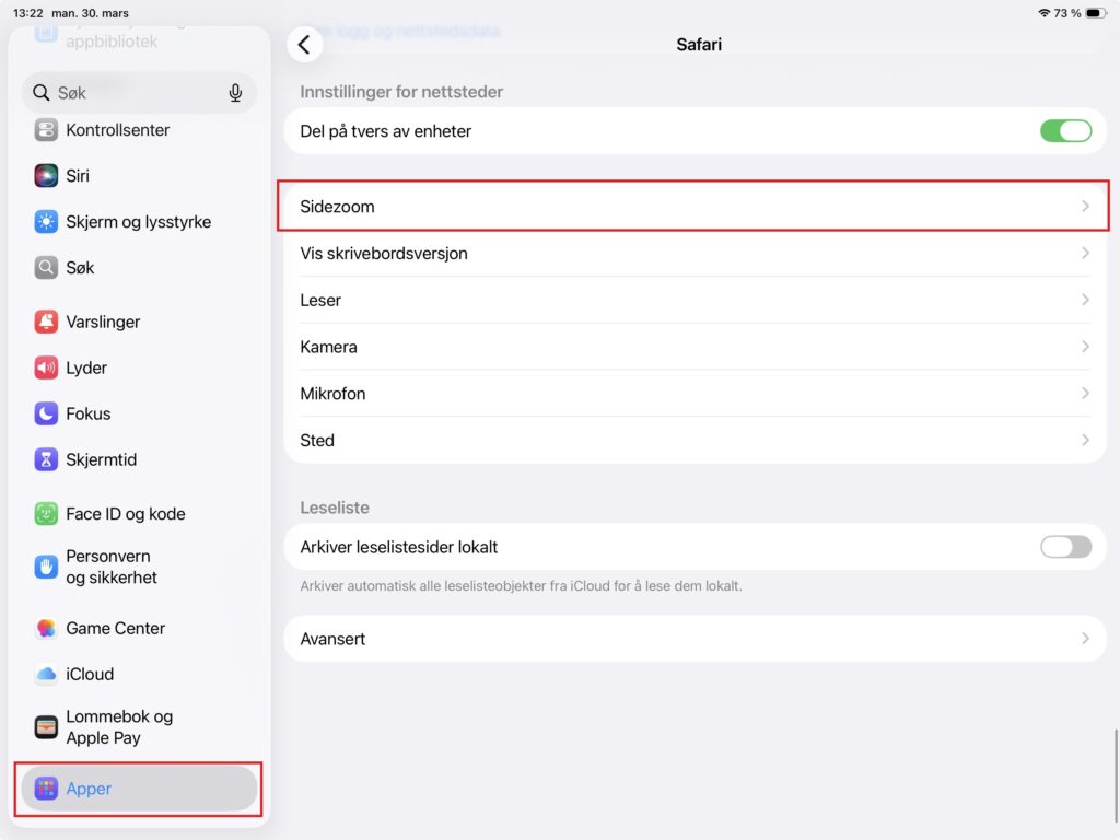 Meny for sidezoom iPad