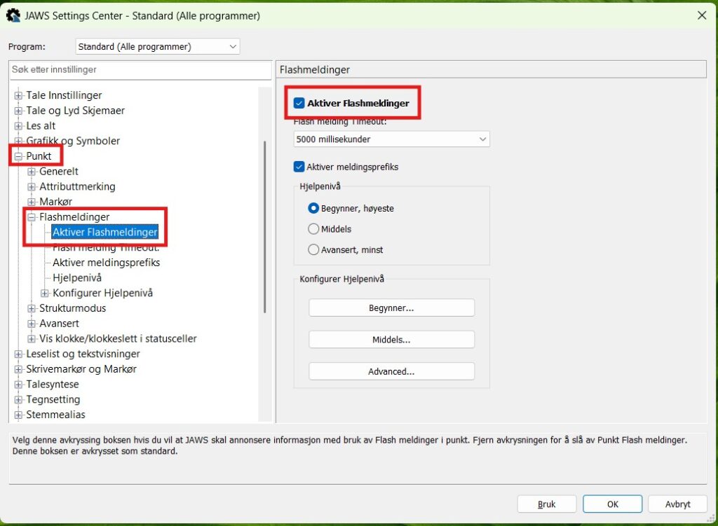 Dialogboks for Flashmeldinger