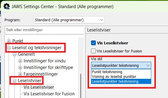 Innstillinger for leselistviser