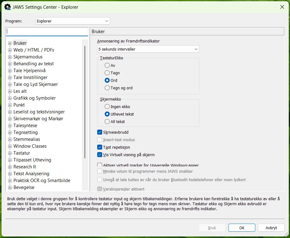 Dialogboks Settings Senter