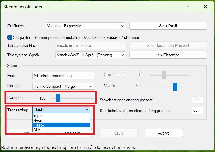 Dialogboks for stemmeinnstillinger