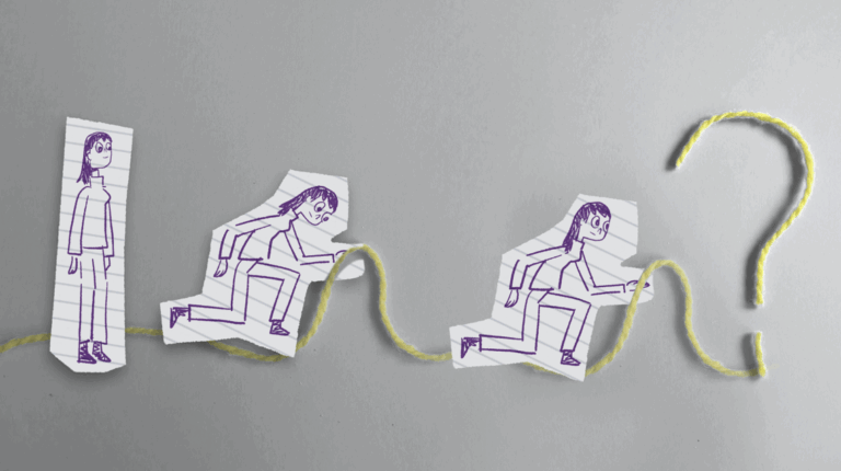 Illustrasjon av en person som følger en bølgende tråd gjennom flere trinn fram mot et stort spørsmålstegn. Bildet symboliserer utforsking, læring eller problemløsning.