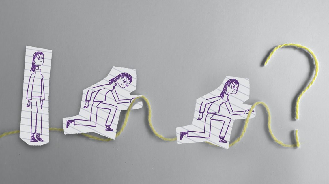 Illustrasjon av en person som følger en bølgende tråd gjennom flere trinn fram mot et stort spørsmålstegn. Bildet symboliserer utforsking, læring eller problemløsning.