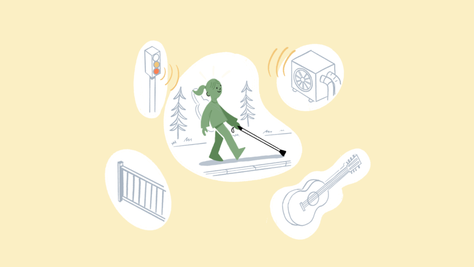 Jente med hvit stokk omgitt av elementer: en gitar, en vifte, et trafikklys og et gjerde. Illustrasjon