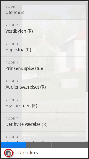 Skjermdump av innholdsfortegnelse i en H5P "Course Presentation". "Bok"-ikonet er markert med rød sirkel rundt.