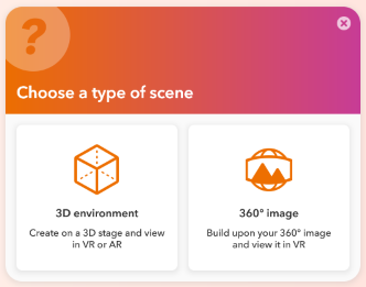 Skjermdump fra meny hvor du kan velge mellom 3D miljø og 360 bilde