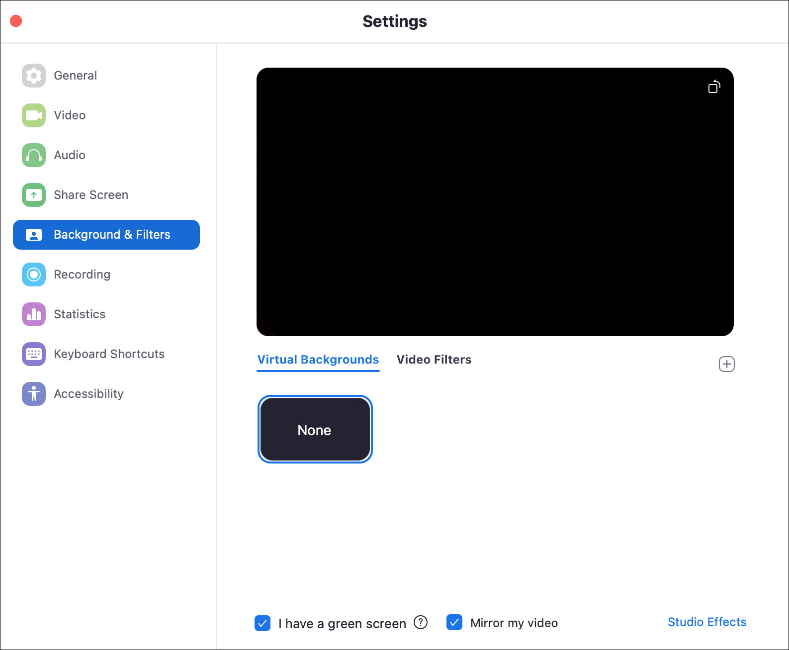 Alternativet Background & Filters i Dialogen Settings