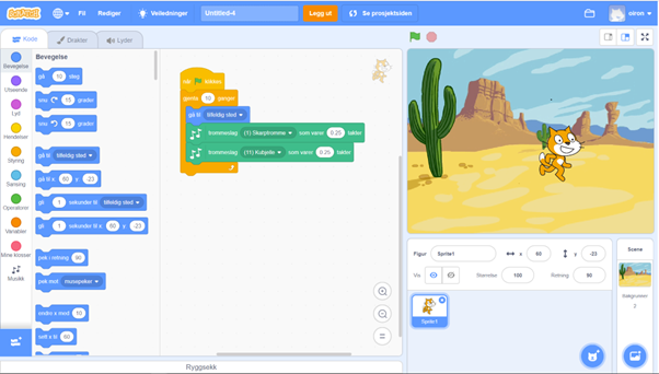 Skjermdump Scratch med blokkprogrammering.