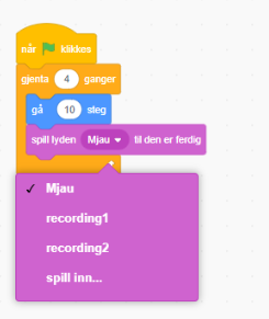 Samme kodeeksempel fra Scratch. Viser hvordan du kan endre lyden.
