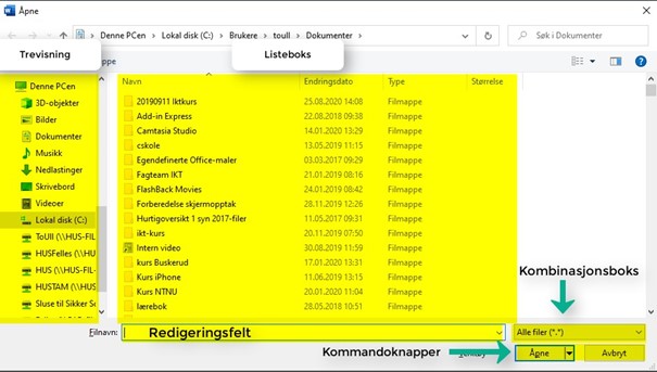 Skjermdump redigeringsfelt listeboks og trevisning, kommandoknapper og kombinasjonsboks