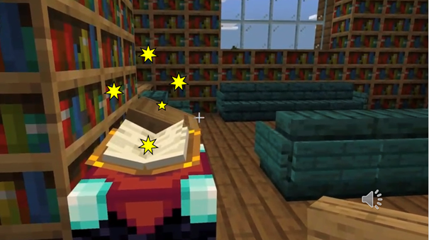 Bibliotek i Minecraft med en åpen bok og et lydfil ikon.