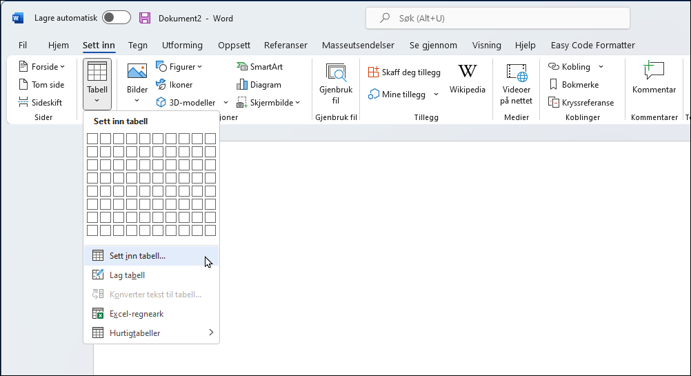 Sett inn tabell fra Tabell på båndet Sett inn i MS Word