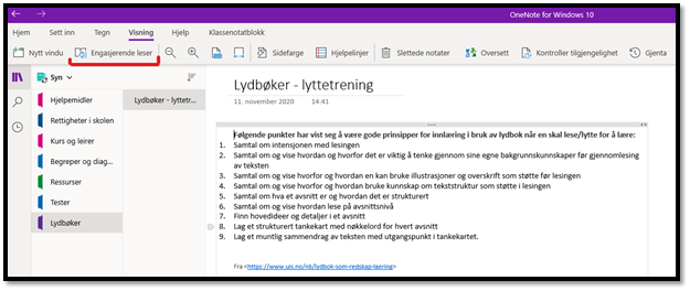 Skjermdump OneNote Engasjerende leser i menylinja