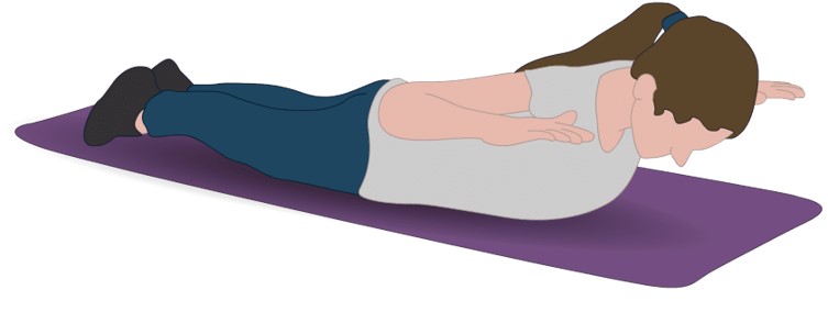 Jente som ligger på magen på en matte. Hun løfter overkroppen og armene i 90 graders vinkel opp fra gulvet. Bena holdes strake og samlet mot gulvet. 