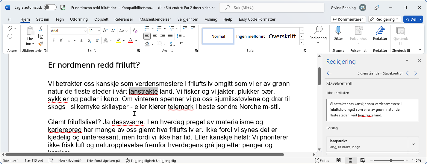 Kjør stavekontroll i MS Word