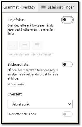 Skjermdump Leseinnstillinger.