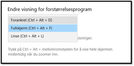 Skjermdump av de tre alternativene for forstørrelse