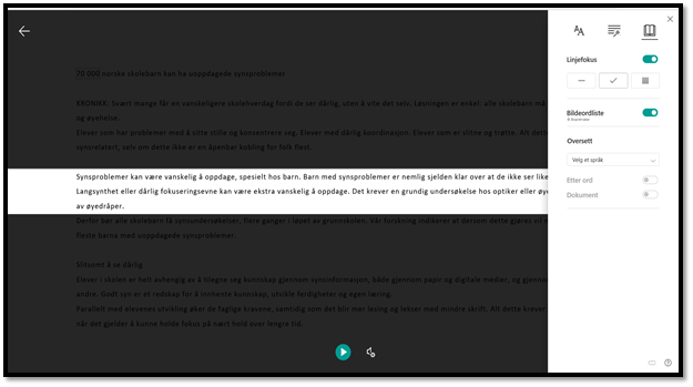 Skjermdump innstillinger for linjefokus i Engasjerende leser i nettversjonen av Word.