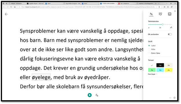 Skjermdump innstillinger for tekststørrelse i Engasjerende leser i nettversjonen av Word.