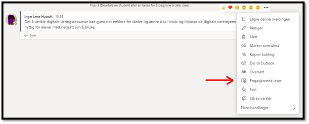 Skjermdump meny under tre prikker i Teams der du kan velge engasjerende leser