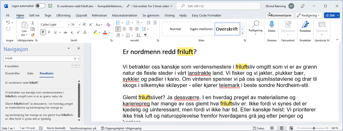 Bruk av søkefunksjon i et Word-dokument