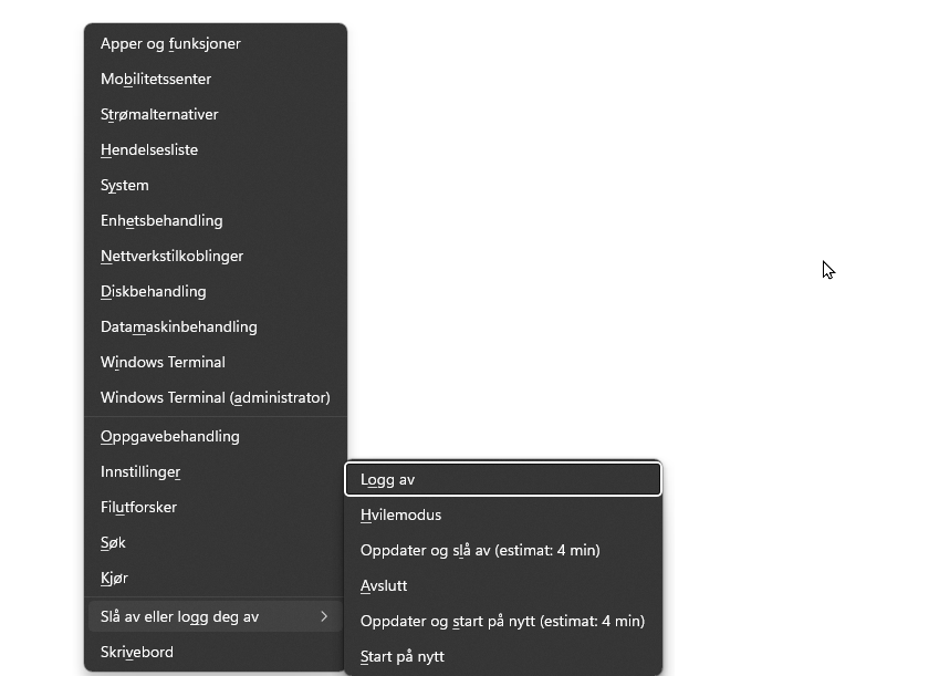 Avslutte Windows fra menyen Win+X