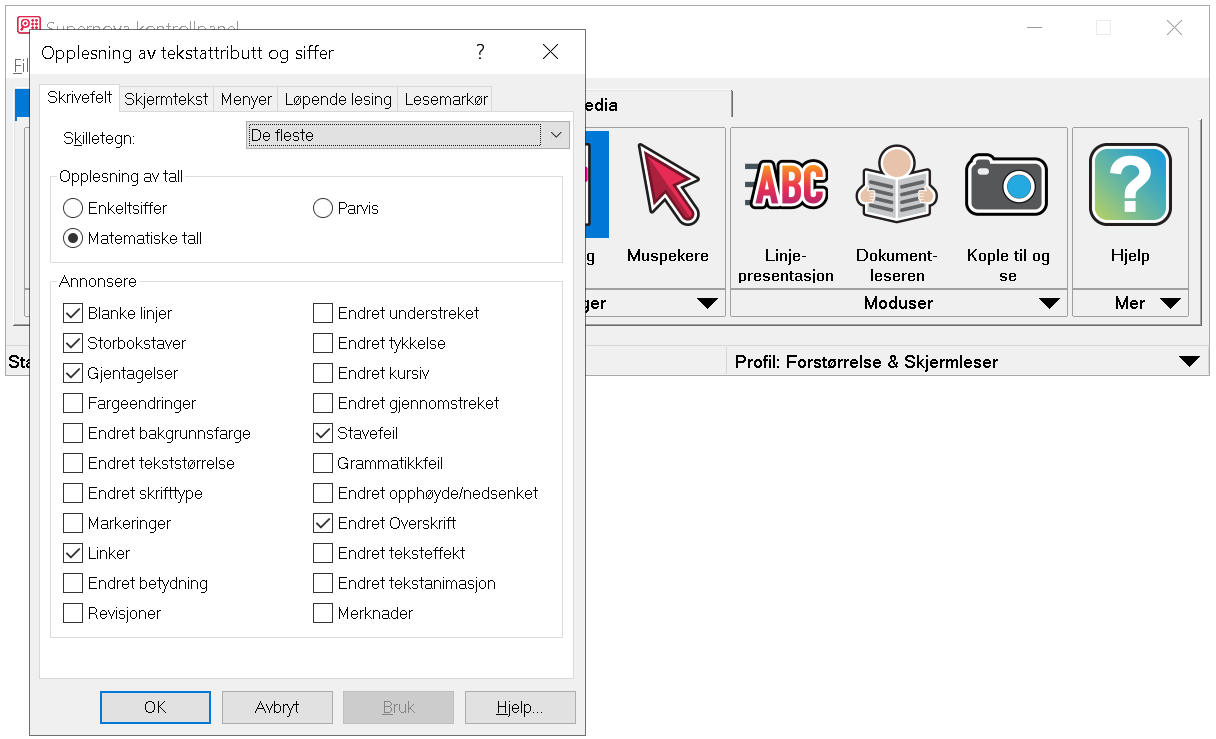 Sette taleendringer i SuperNova ved hjelp av dialogboksen Opplesing av tekstattributt og siffer