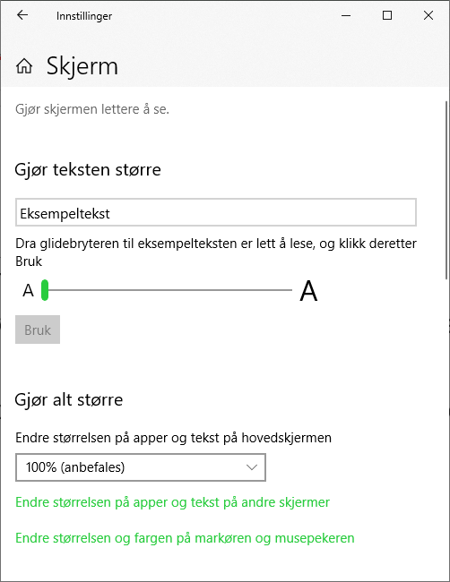 Skjermdump gjør tekst større i innstillinger for skjerm