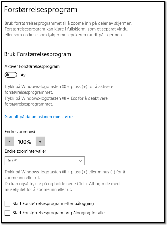 Skjermdump Innstillinger i forstørrelsesprogram i Windows