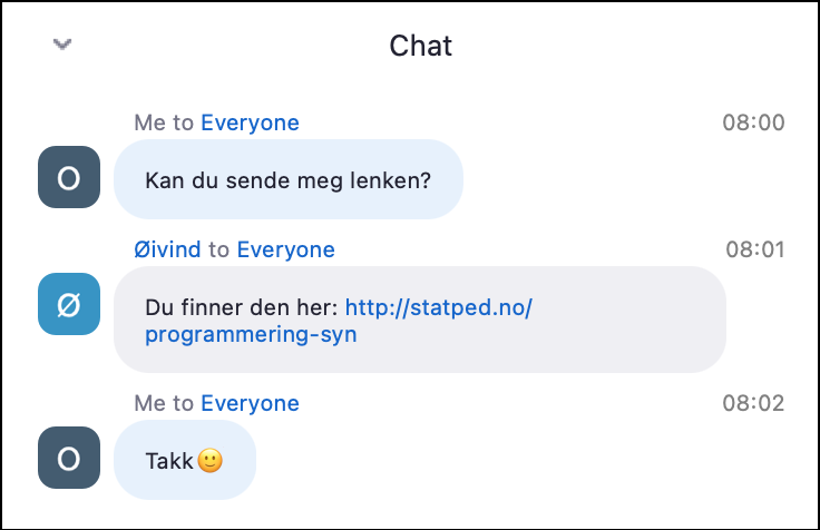 Liste over meldinger i Chat-feltet