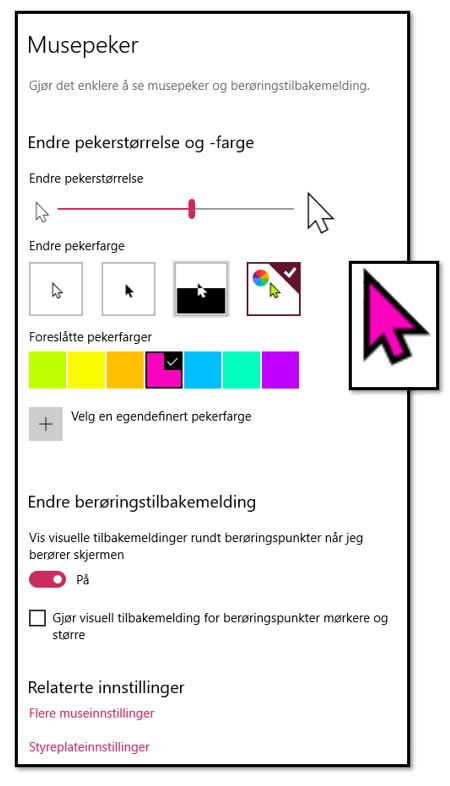 Skjermdump; innstillinger for musepeker