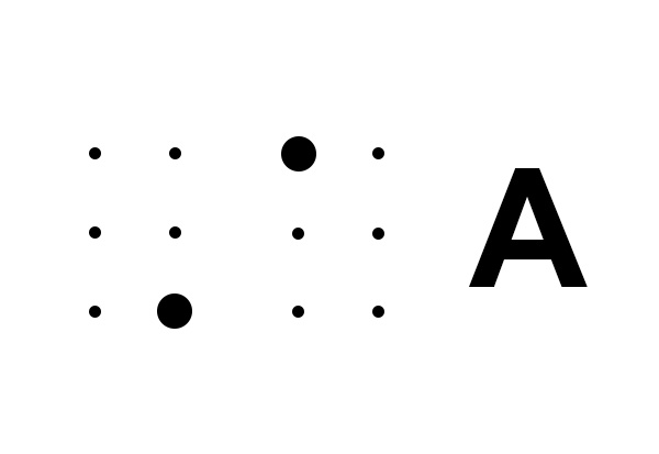 Bilde av bokstaven A som stor bokstav i punktskrift