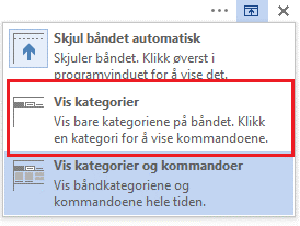 Skjermdump Alternativer for visning av bånd