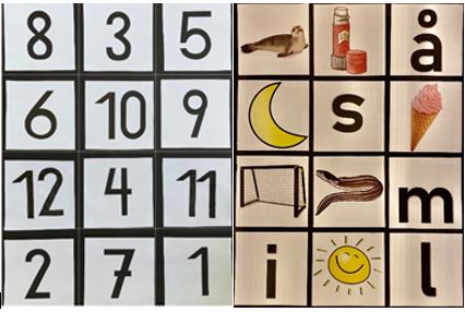 Bilde 1: Eksempel på underlag med tall. Bilde 2: eksempel på underlag med bokstaver og figurer. 