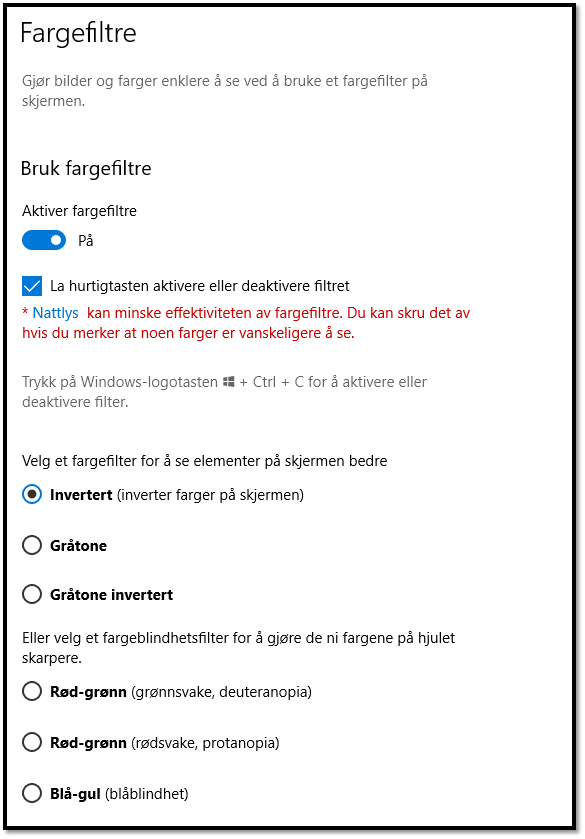 Skjermdump fargefiltre innstillinger