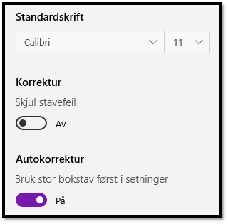 Skjermdump meny velge standardskrift, korrektur og autokorrektur