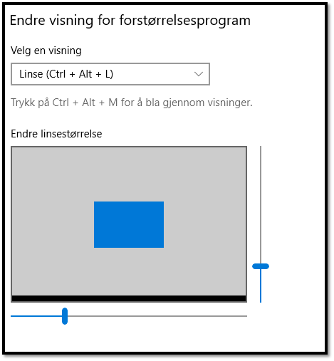 Skjermdump innstillinger for linse